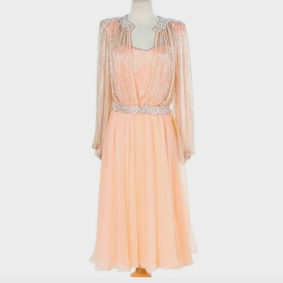 Vintage Victoria Royal Ltd Pink Chiffon Beaded Jacket Princess Prom Dress Size 8 - Picture 1 of 15